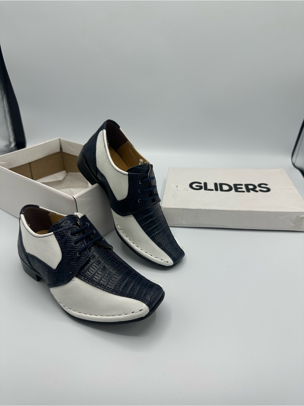 Gliders Little Kids Boys Lizard Lace-Up Leather Dress Shoes Navy/White Sz 10 NEW